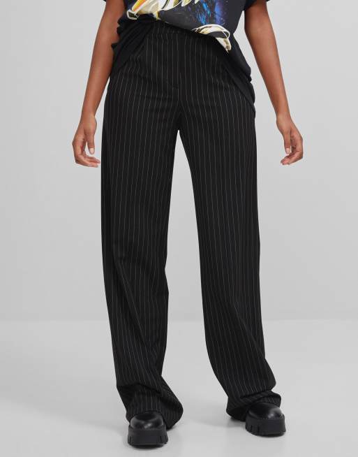 Bershka wide leg pinstripe pants in black