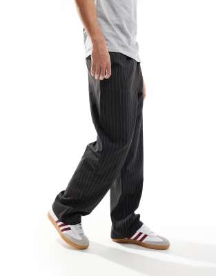 wide leg pinstripe pants in gray-Black