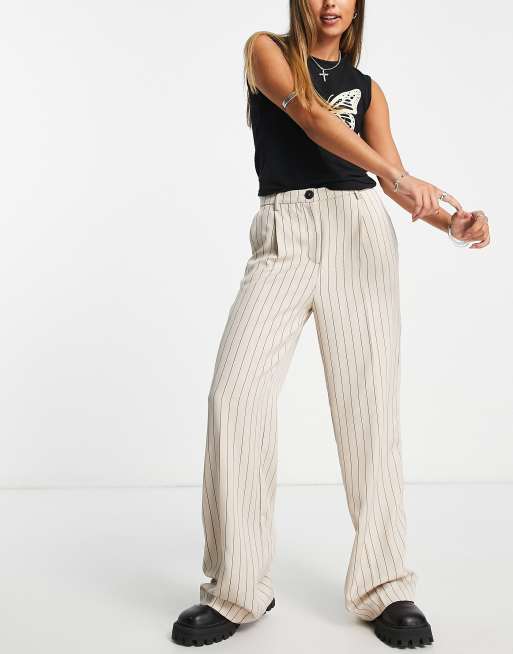 Bershka double waistband wide leg tailored pants in gray pinstripe