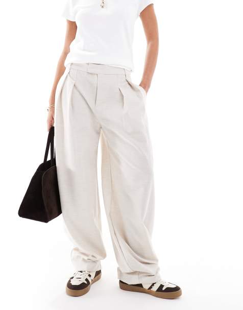 Bershka wide leg pleated front tailored pants in ecru - view 1