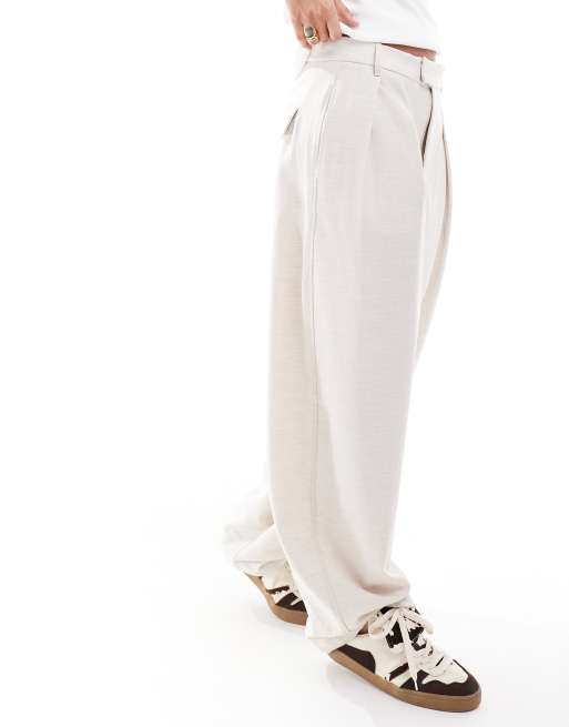 Bershka wide leg pleated front tailored pants in ecru | ASOS