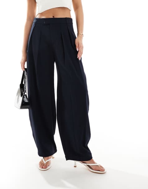 Bershka wide leg pleated front tailored trousers in navy