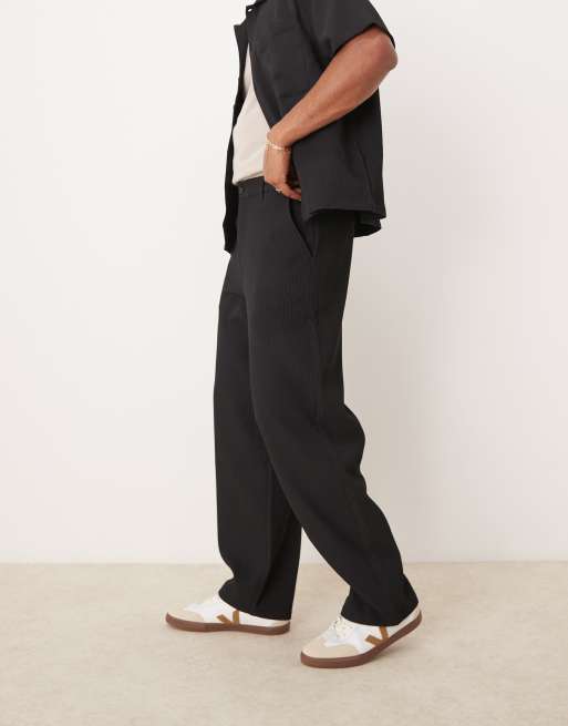 Bershka wide leg plisse pants in black (part of a set)