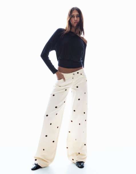 Bershka Wide-leg polka dot jeans in ecru - view 1