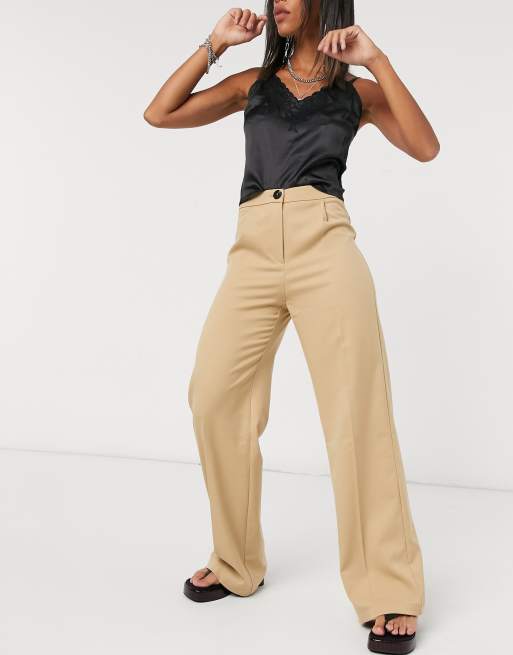 Bershka wide leg relaxed tailored pant in beige