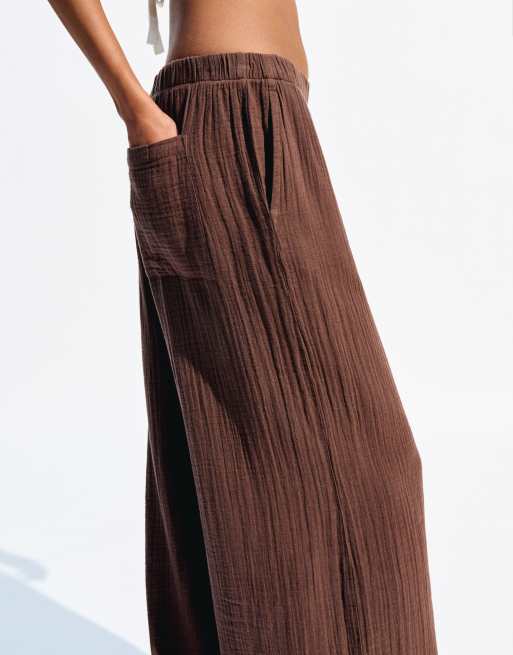 Bershka wide leg rustic double cloth trousers in brown | ASOS