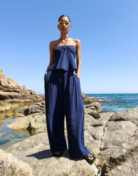 Bershka wide leg rustic trousers with darts in blue  