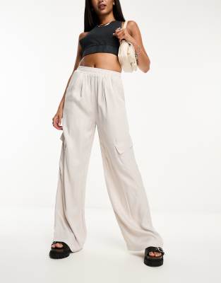 Bershka Tie Waist Wide Leg Satin Pants In Ecru-neutral In White