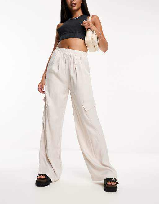 Bershka wide leg satin cargo pants in stone