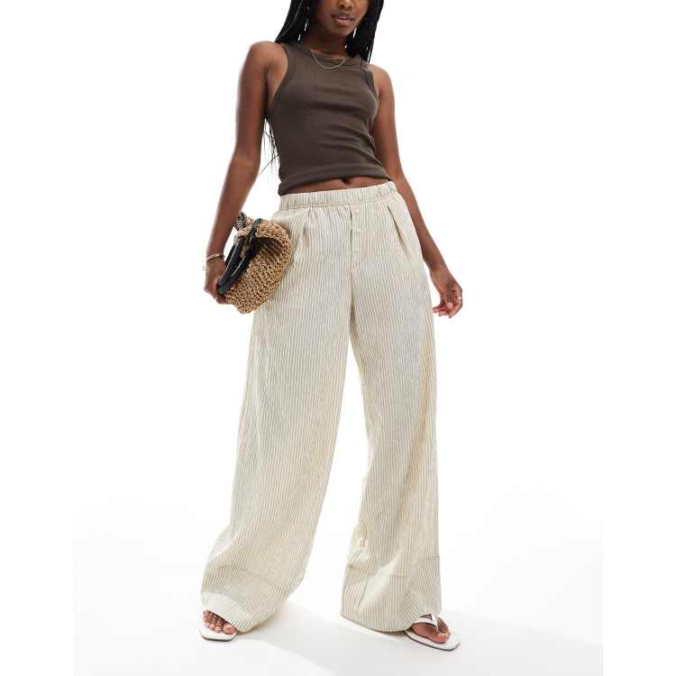 【BAON】25SS★ [BAONHAUS] Revish Seersucker Check Wide PT Bershka wide leg seersucker pants in sand stripes | ASOS