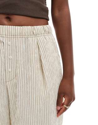 Bershka wide leg seersucker pants in sand stripes