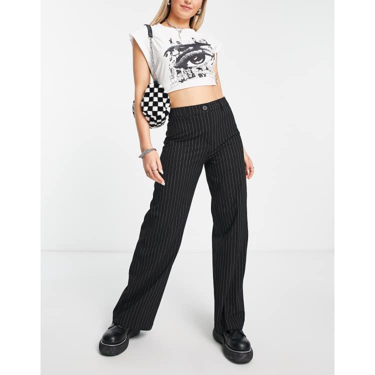 Saskira Wide Leg Trouser in Pinstripe Black