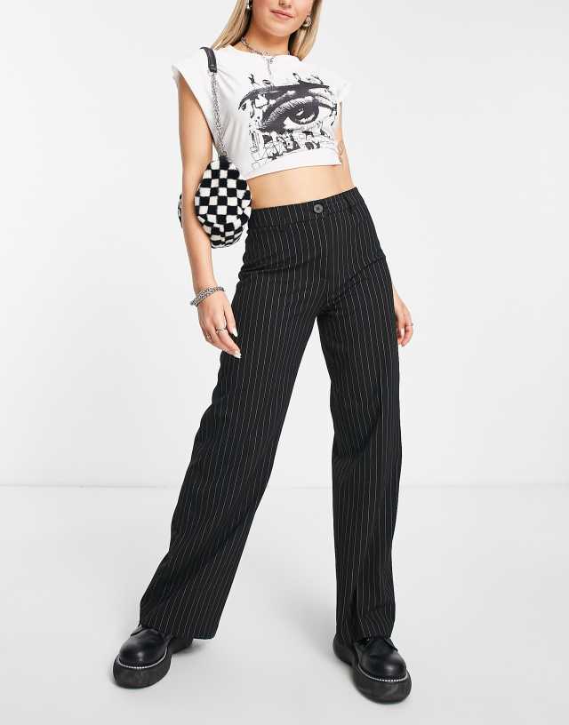 Bershka wide leg slouchy dad tailored pants in black pinstripe