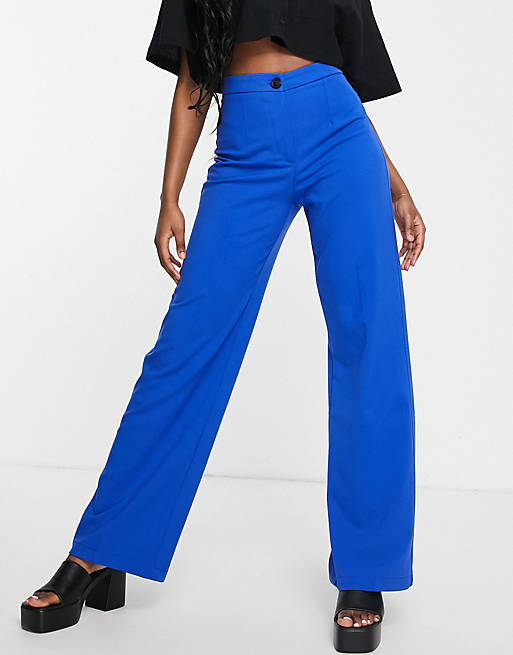 Bershka wide leg slouchy dad tailored pants in bright blue (part of a ...