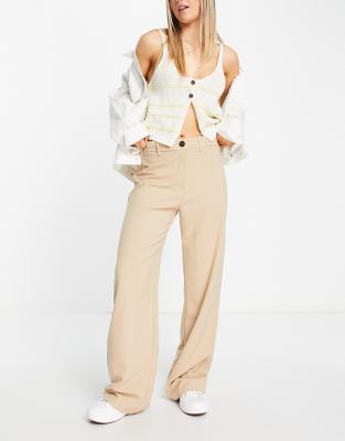 Bershka Wide Leg Slouchy Dad Tailored Pants In Camel-neutral