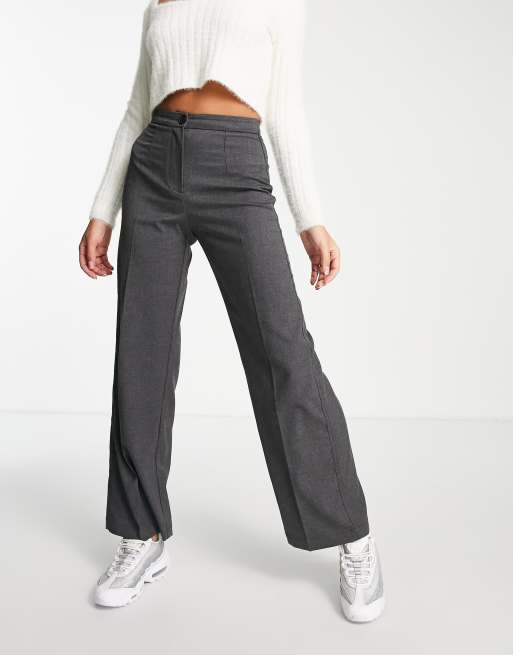 Bershka ribbed flare pant with lettuce hem in gray, ASOS