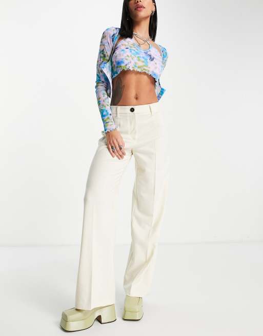 Bershka wide leg slouchy dad tailored pants in off white