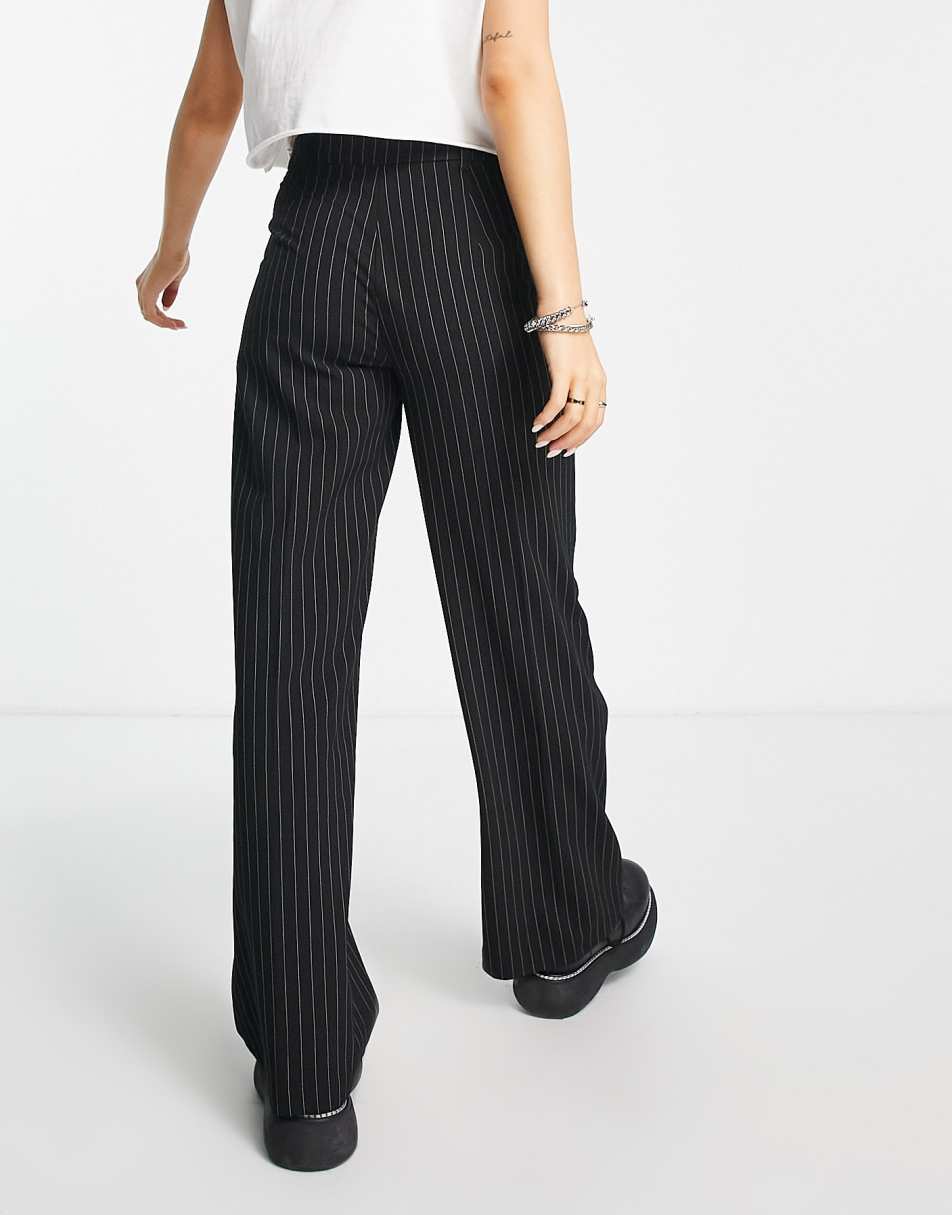 Bershka wide leg slouchy dad tailored trousers in black pinstripe