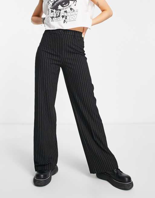 Black pinstripe wide leg cheap trousers