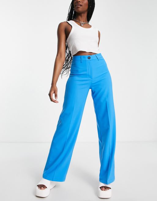 Bershka wide leg slouchy dad tailored trousers in blue | ASOS