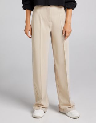 Bershka wide leg slouchy dad tailored trousers in camel stripe - ASOS Price Checker
