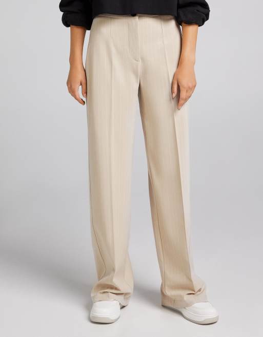 Bershka wide leg slouchy dad tailored trousers in camel stripe