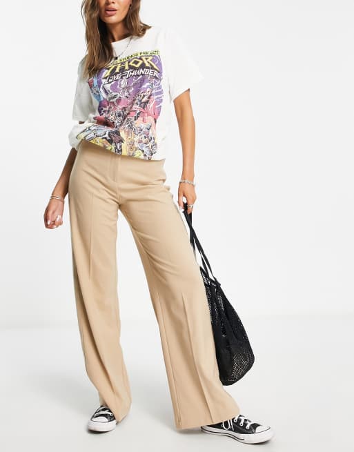 Bershka wide leg slouchy dad tailored trousers in camel 