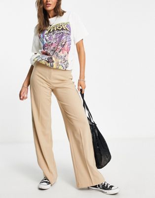 Bershka wide leg slouchy dad tailored trousers in camel