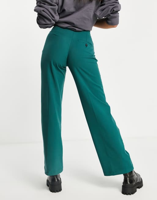 Bershka wide leg slouchy dad tailored trousers in dark green