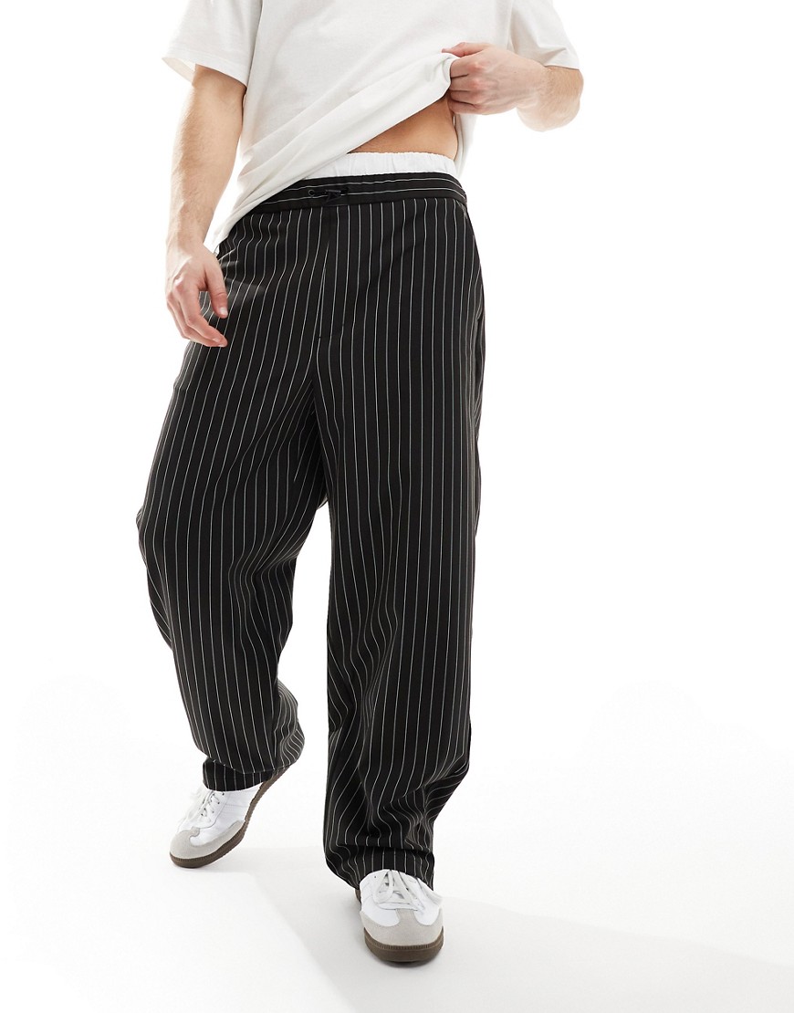 Bershka wide leg stripe tailored trouser with boxer detail in black