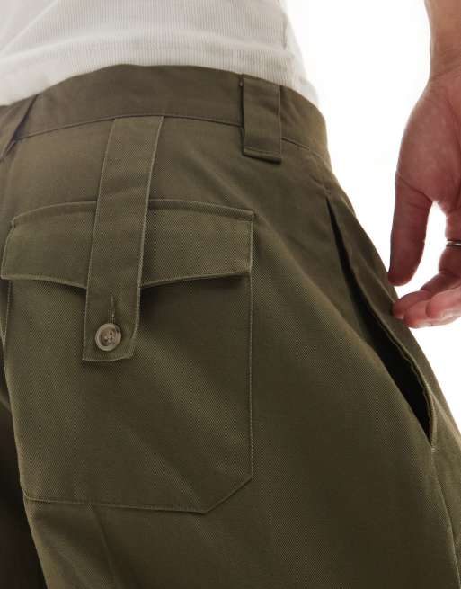 Bershka wide leg tailored cargo trouser in khaki, 2 of 5