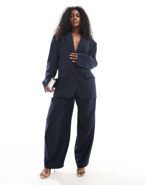 Bershka wide leg tailored pants and blazer set in navy stripe - view 1