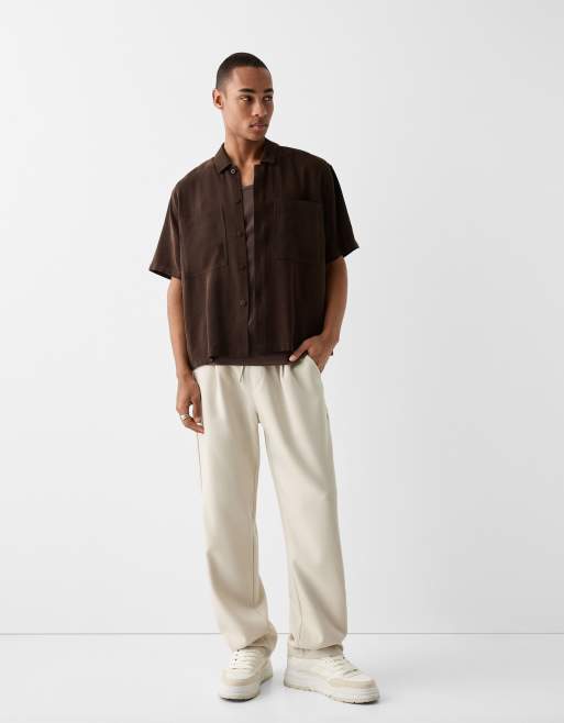 Bershka wide leg tailored pants in ecru