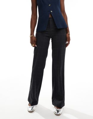 wide leg tailored pants in gray check-Blue