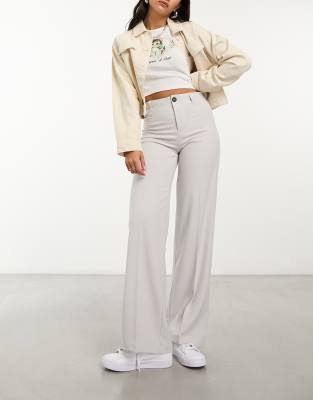 Bershka Wide Leg Tailored Pants In Pale Gray