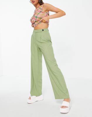 Bershka Wide Leg Pants In Soft Green | ModeSens