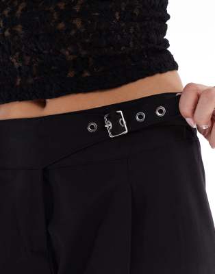 Shop Bershka Wide Leg Tailored Pants With Belt Detail In Black