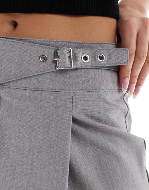 Bershka wide leg tailored pants with belt detail in light grey
