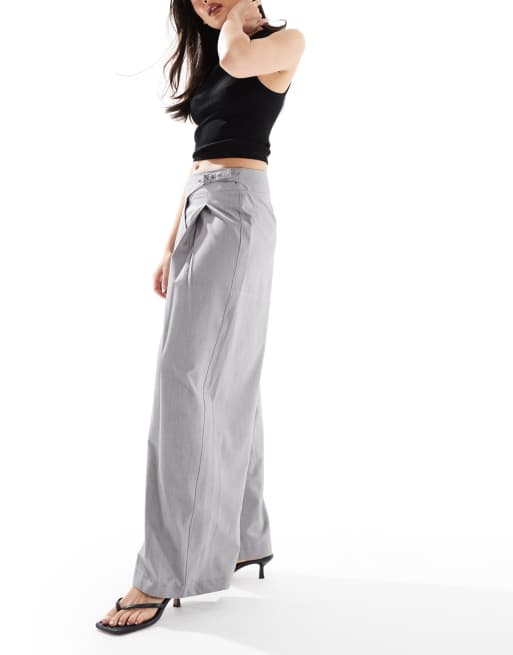 Bershka wide leg tailored pants with belt detail in light grey