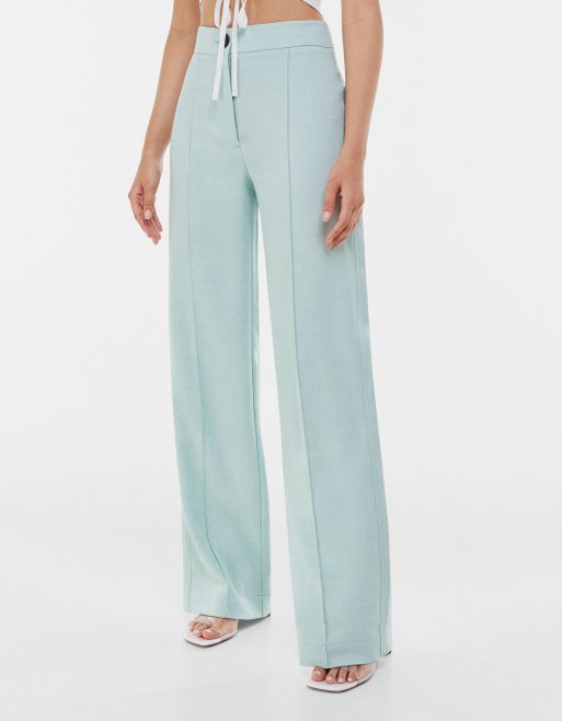 Bershka wide leg tailored trouser in blue | ASOS