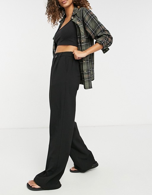 Bershka wide leg tailored trouser with stepped waistband in black