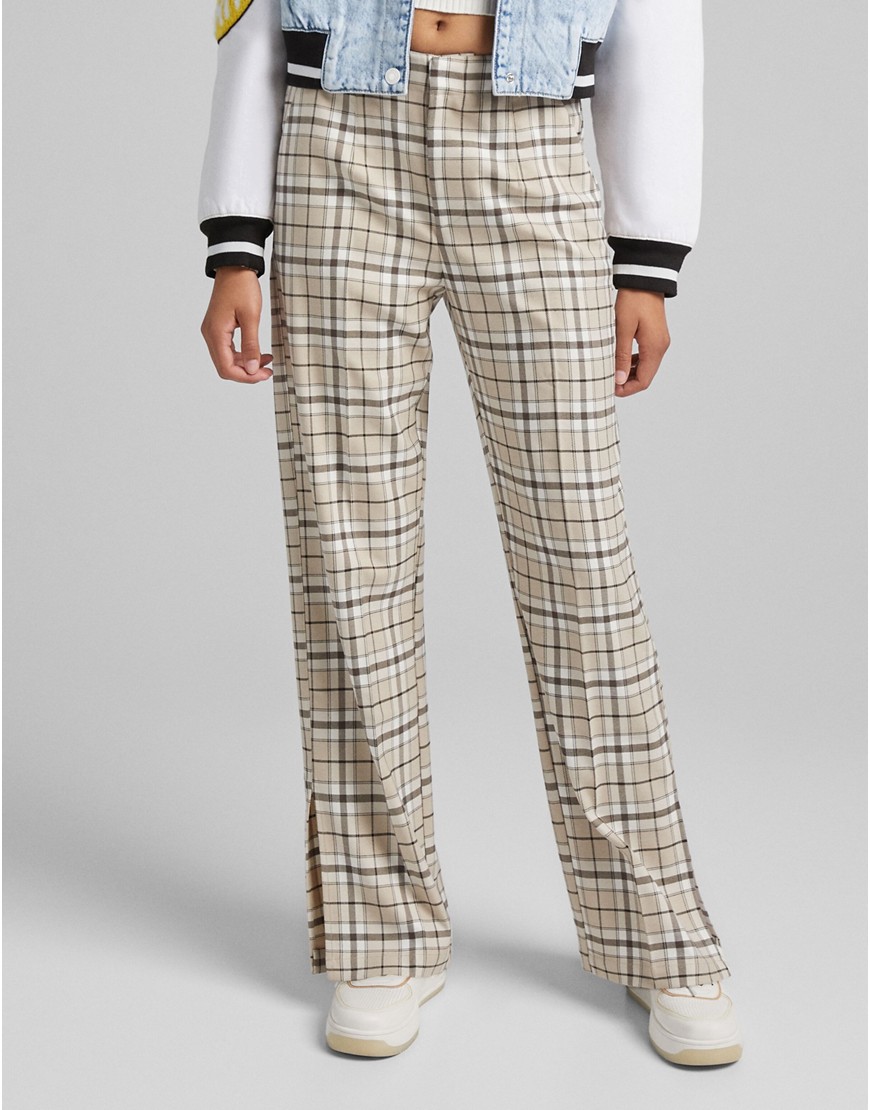 Bershka wide leg trouser co-ord with split hem detail in beige check-Neutral