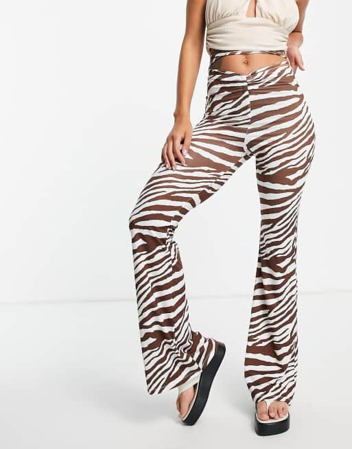 Bershka wide leg zebra print pants with strap detail in brown