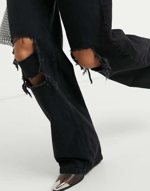 Bershka wide legged 90s jean with knee rip in grey