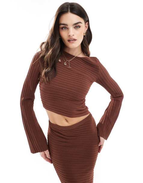 Bershka wide ribbed asymetric knitted top co-ord in brown