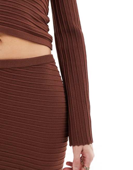 Bershka wide ribbed knitted maxi skirt co-ord in brown | ASOS