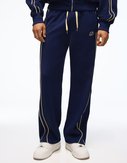 Bershka wijde piqué broek met bies in navy, 4 van 5