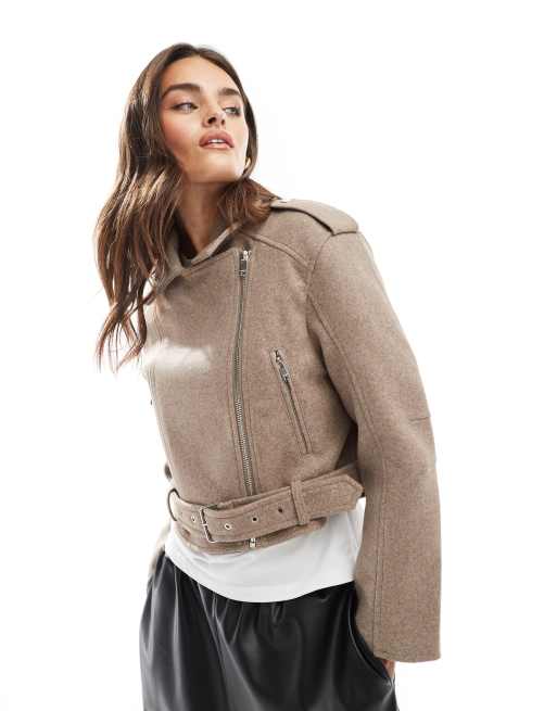 Bershka wool boxy biker jacket in sand