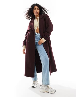 Bershka Wool Maxi Trench Coat In Burgundy-red