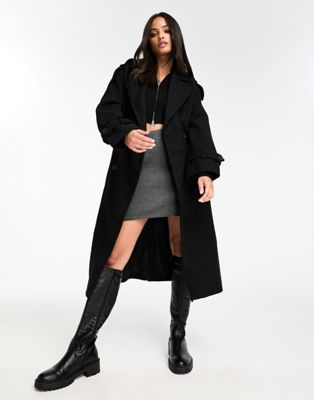 Bershka wool trench coat in black | ASOS